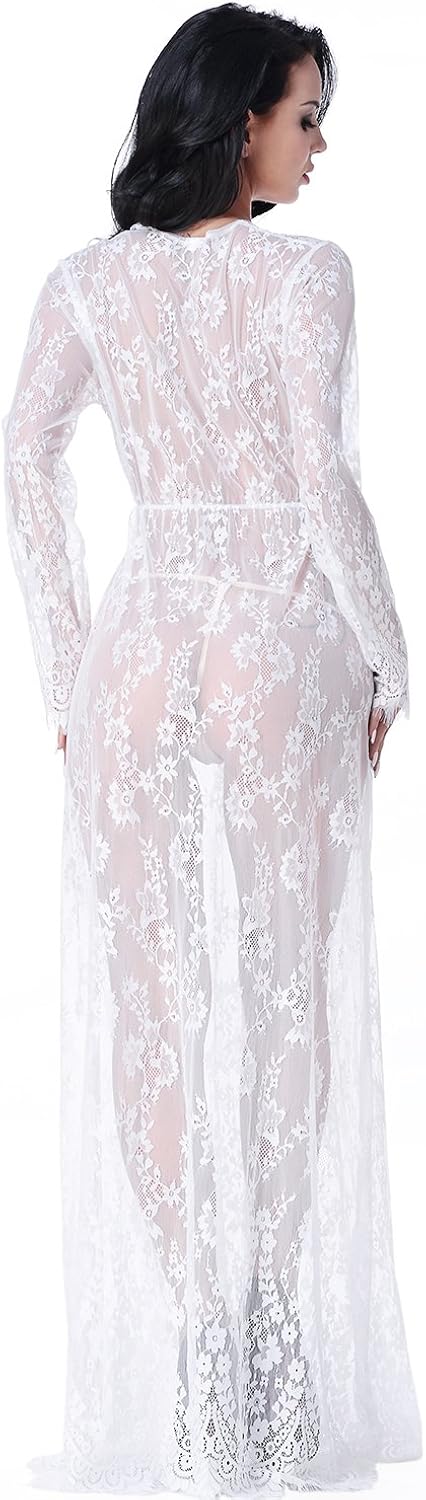 Women's Sexy See-Through Lace Babydoll Nightwear Long Gown Lingerie Dress: Clothing