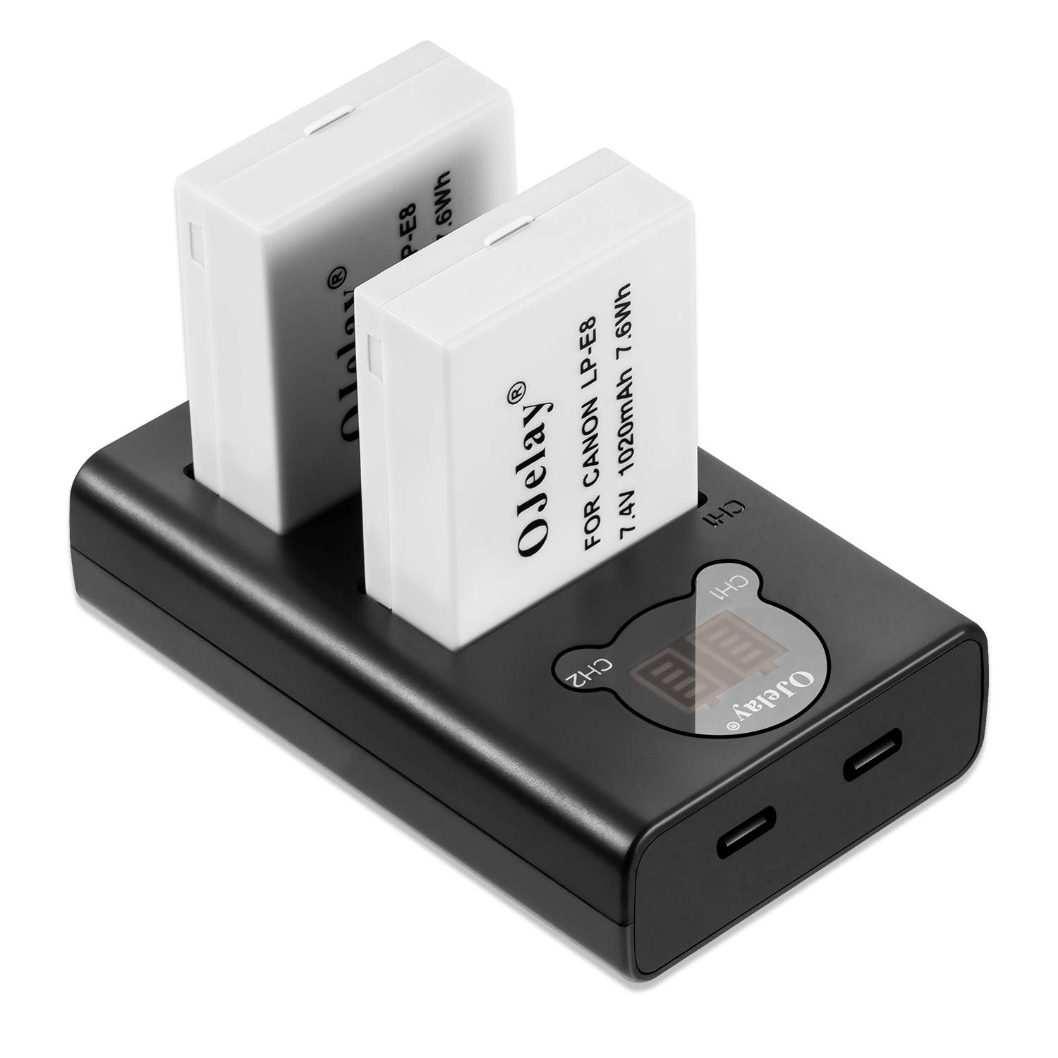 OJelay LP-E8 Battery 2 Packs Replacement Battery 1020mAh with Dual Battery Charger Smart LED Display Compatible with Canon EOS 550D,600D,650D,700D,Rebel T2i,T3i,T4i,T5i,Kiss X4,X5,X6 …