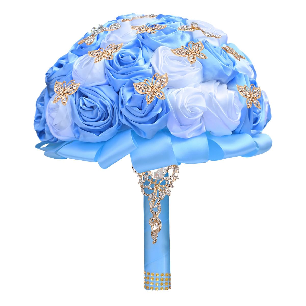Photo 1 of Mhojpik Handmade Wedding Flowers Bouquet Round Holding Bridal Bouquet Toss Artificial Rose Bunch for Bride Bridesmaid Wedding Quinceanera (Light Blue & White, 8.7")