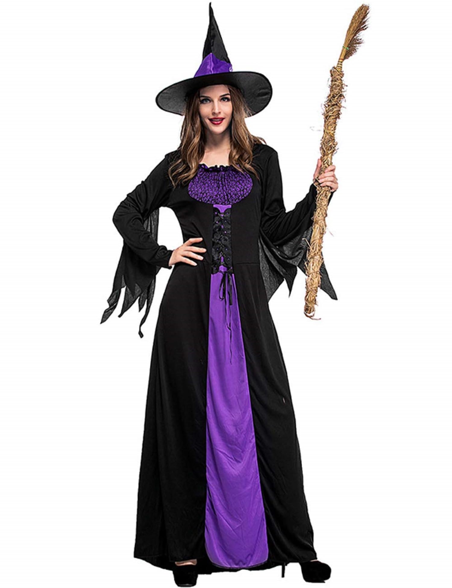 Colorful House Women Wicked Witch Costume, Purple Long Sorceress Classic Dress