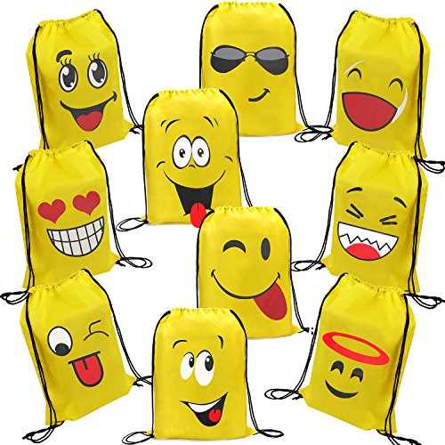 Emoji Party Favor Bags for Kids Birthday - 10 Pack Emoji Drawstring Backpack Bags Goodie Bags for Kids Birthday Party Supplies for Girls and Boys (16.5