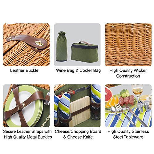Picnic Basket Set for 4 Person Picnic Hamper Set | Double Lid | Beach Collection | Folding Picnic Blanket Ceramic Plates Metal Flatware Wine Glasses S/P Shakers Bottle Opener Green Lining Picnic Set