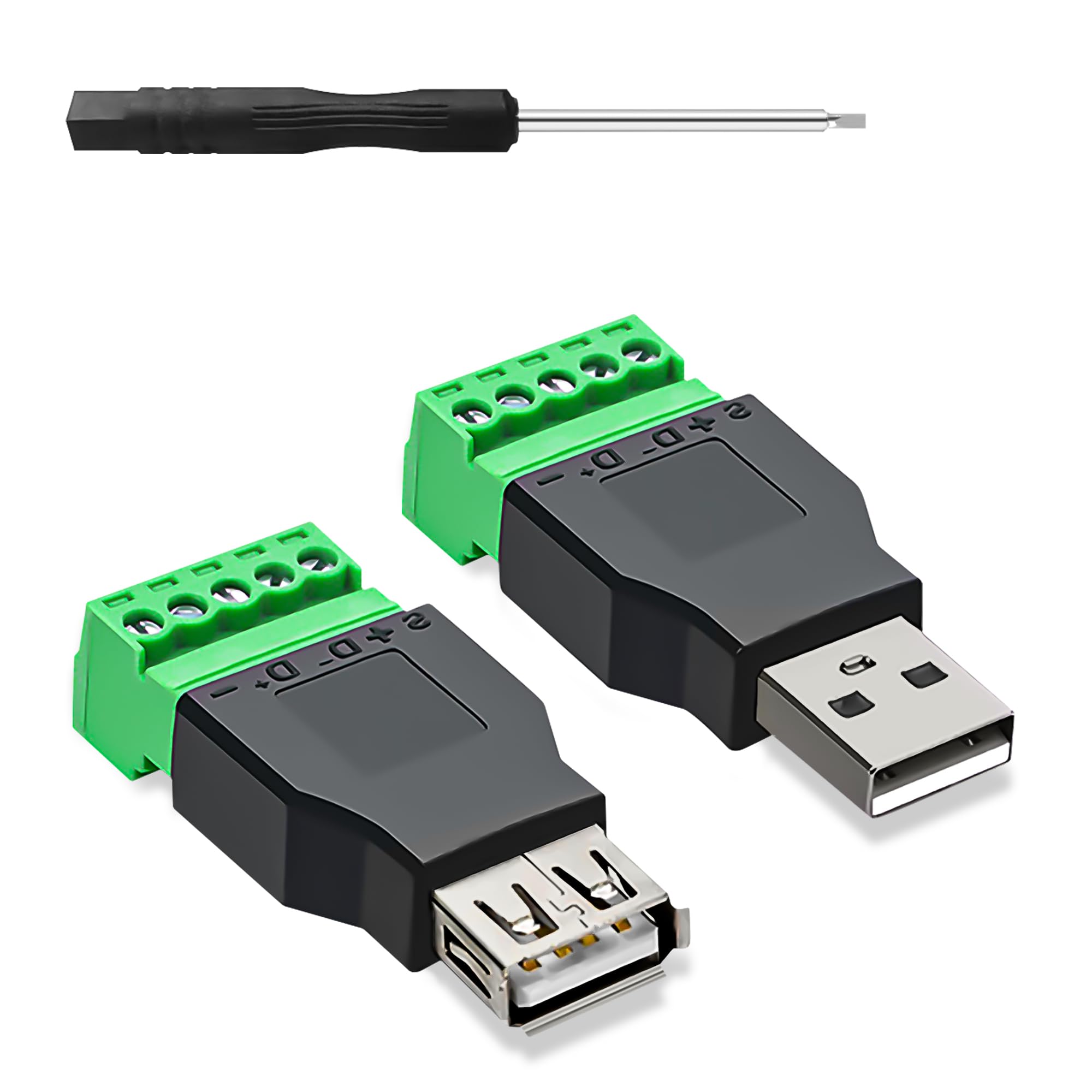 YIMATEECO USB Screw Terminal Block Adapter, 2Pcs USB A 2.0 to 5-Pin Terminal Block Adapter Plug Ethernet Connector Converter for U-SB Interferace Device (1x U-SB Female + 1x U-SB Male)