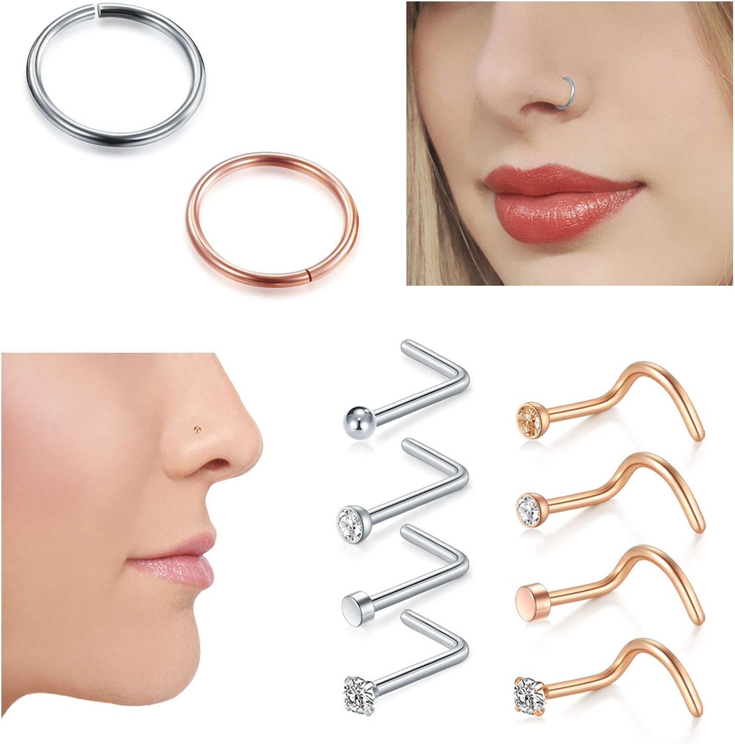 AceFun 36Pcs Nose Rings Set 18G Surgical Steel Nose Studs Nose Screw Nose Hoop Rings CZ Nose Piercing Jewelry for Women Men - Image 4