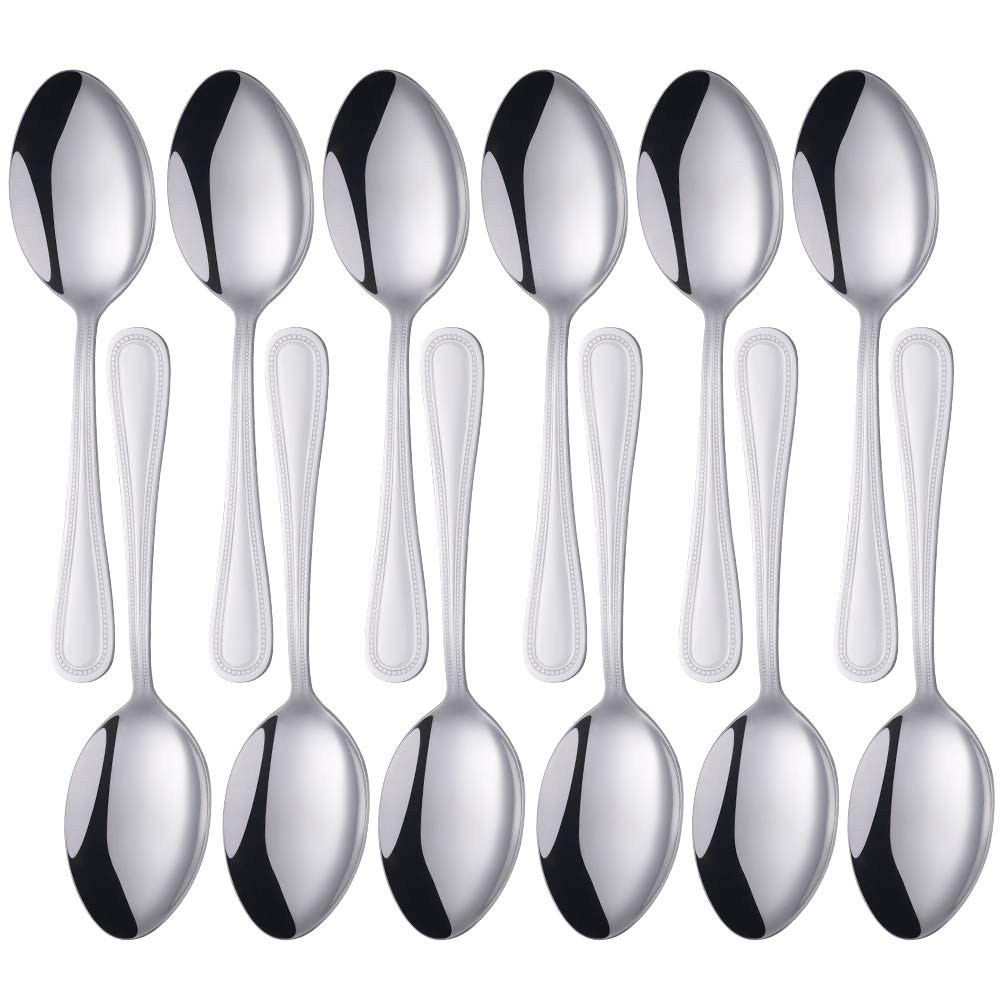 12-Piece Silver Serving Spoons, Stainless Steel Big Dinner Spoons for Home Kitchen and Restaurant, Mirror Polished Spoon Set