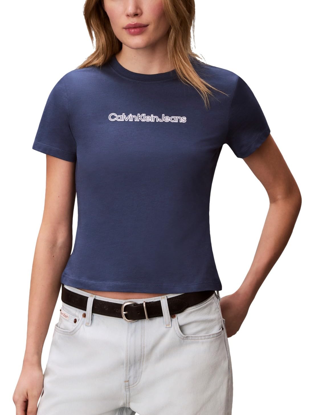 Calvin Klein Women’s Slim Fit Cotton Modal Monogram Tee Dark Denim