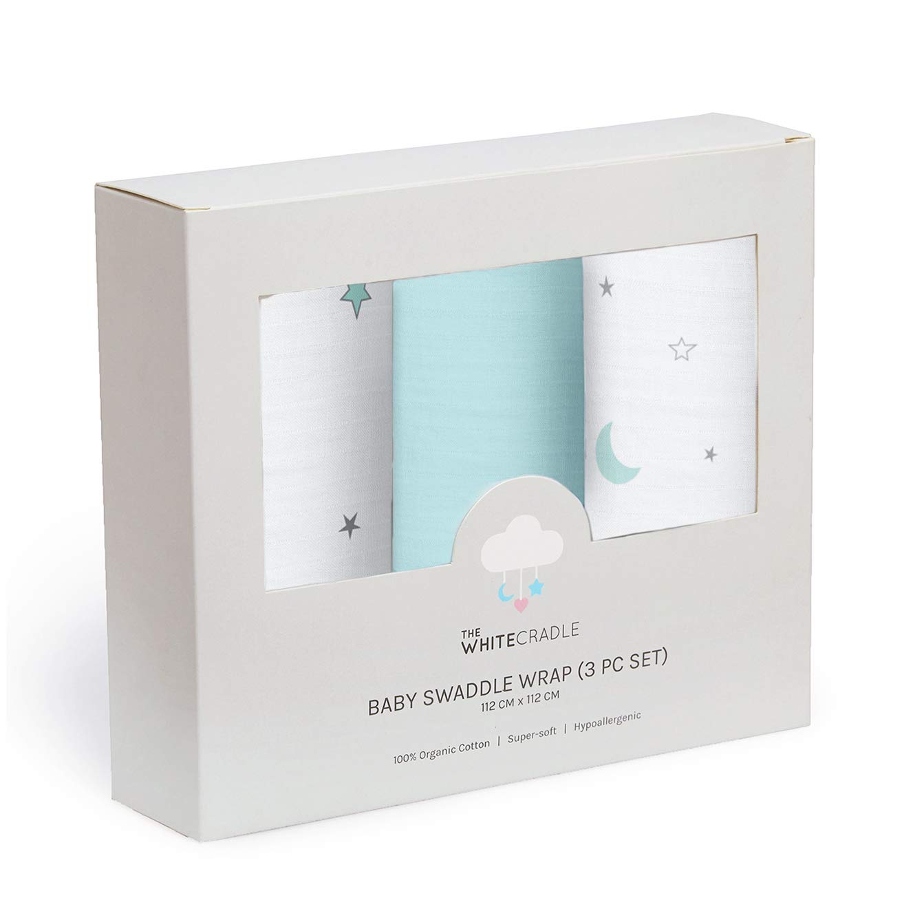 The White Cradle Newborn Baby Muslin Swaddle Blanket Wrap 3pcs For Boy & Girl, Pure Organic Cotton Double Layer Muslin Cloth - Super Soft, Absorbent, Large 44 x 44 inch- Blue & Grey