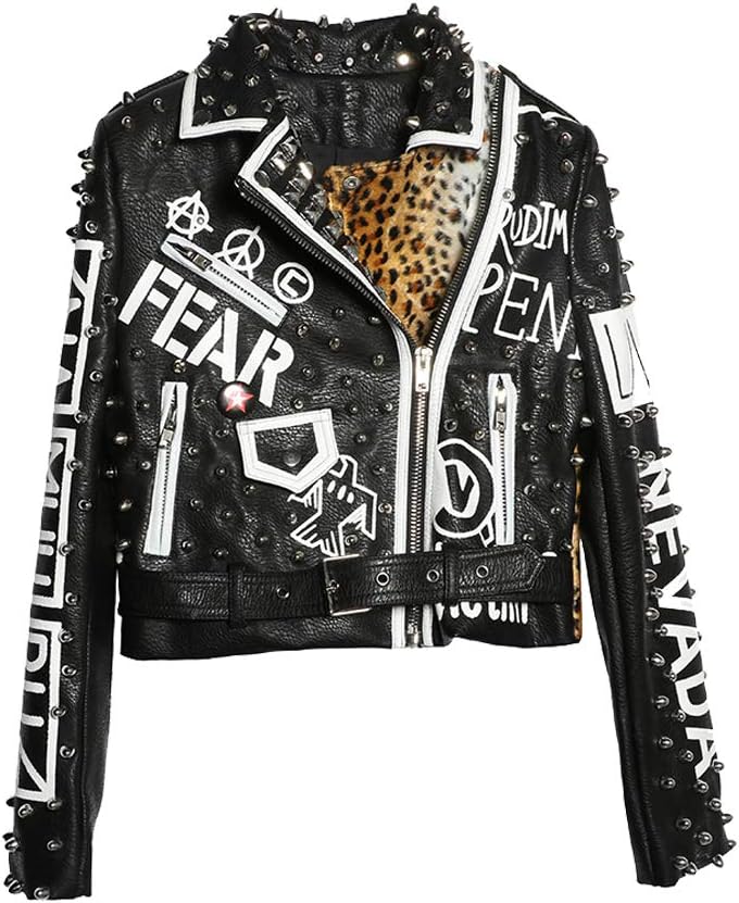 LIANDESHENG Leather Jacket Women Leopard Print Black Studded Motor Biker Punk Coat