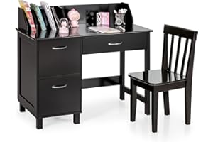 HONEY JOY Kids Desk and Chair Set, Wooden Children School Study Table and Chair w/Drawer, Storage Shelf & Cabinets, Student Computer Workstation Writing Desk for Bedroom, 3-8 Years Old (Dark Brown)