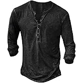 Beotyshow Mens Distressed Henley Shirts Front Placket Retro Long Sleeve Tee Shirts Casual Button Down Washed T-Shirts for Men