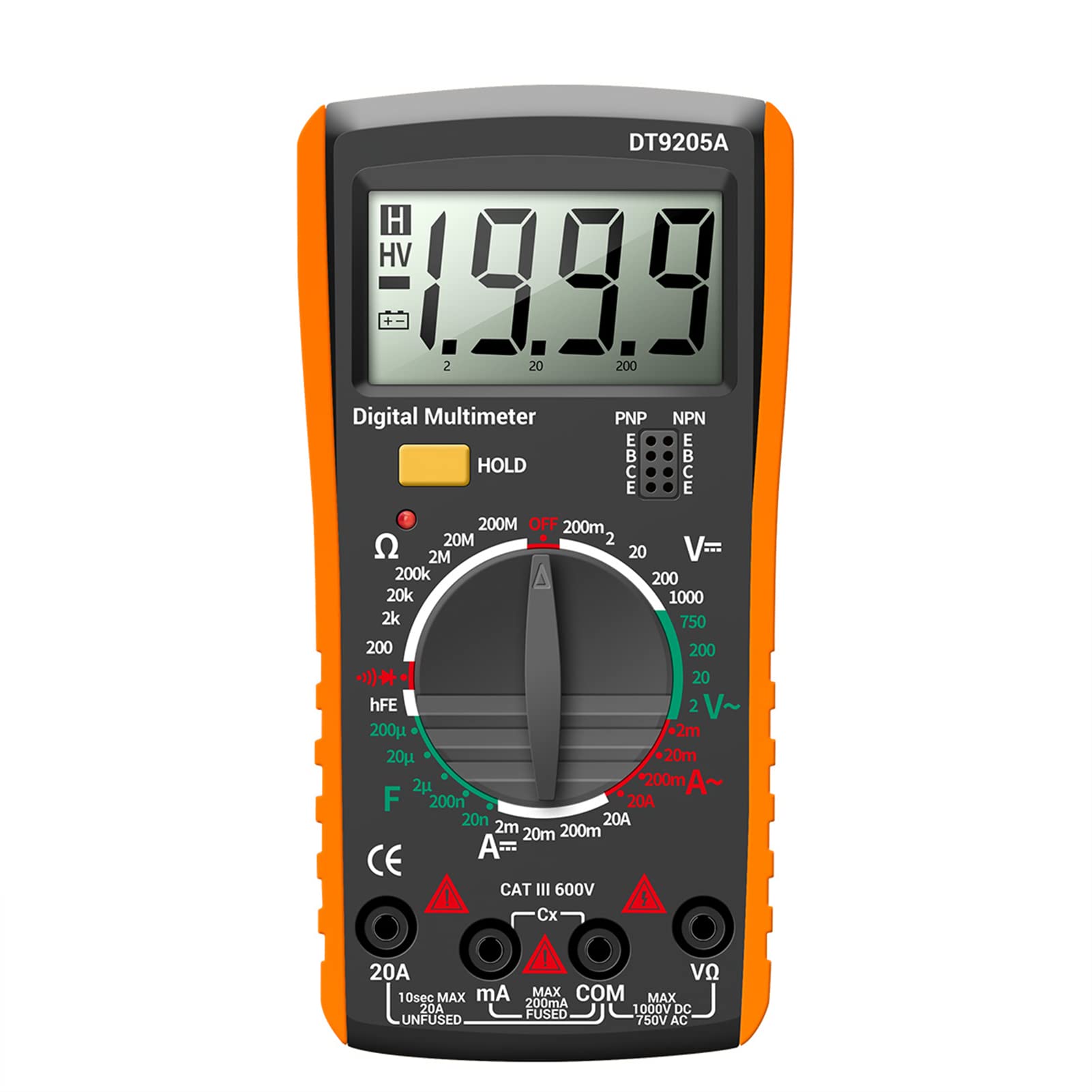 Telituny Multimeter DT9205A Digital, Multifunctional AC/DC Current Voltage Resistance Capacitance Tester (Orange)