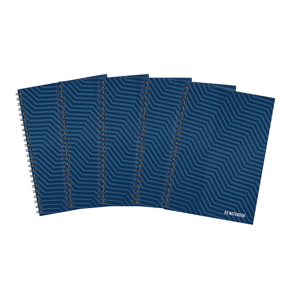 Summit A5 Notebook, Wirebound, 8 mm Lined, 100 pages, Pack of 5 Notepads, Card Cover, 4-Hole Punch, Navy