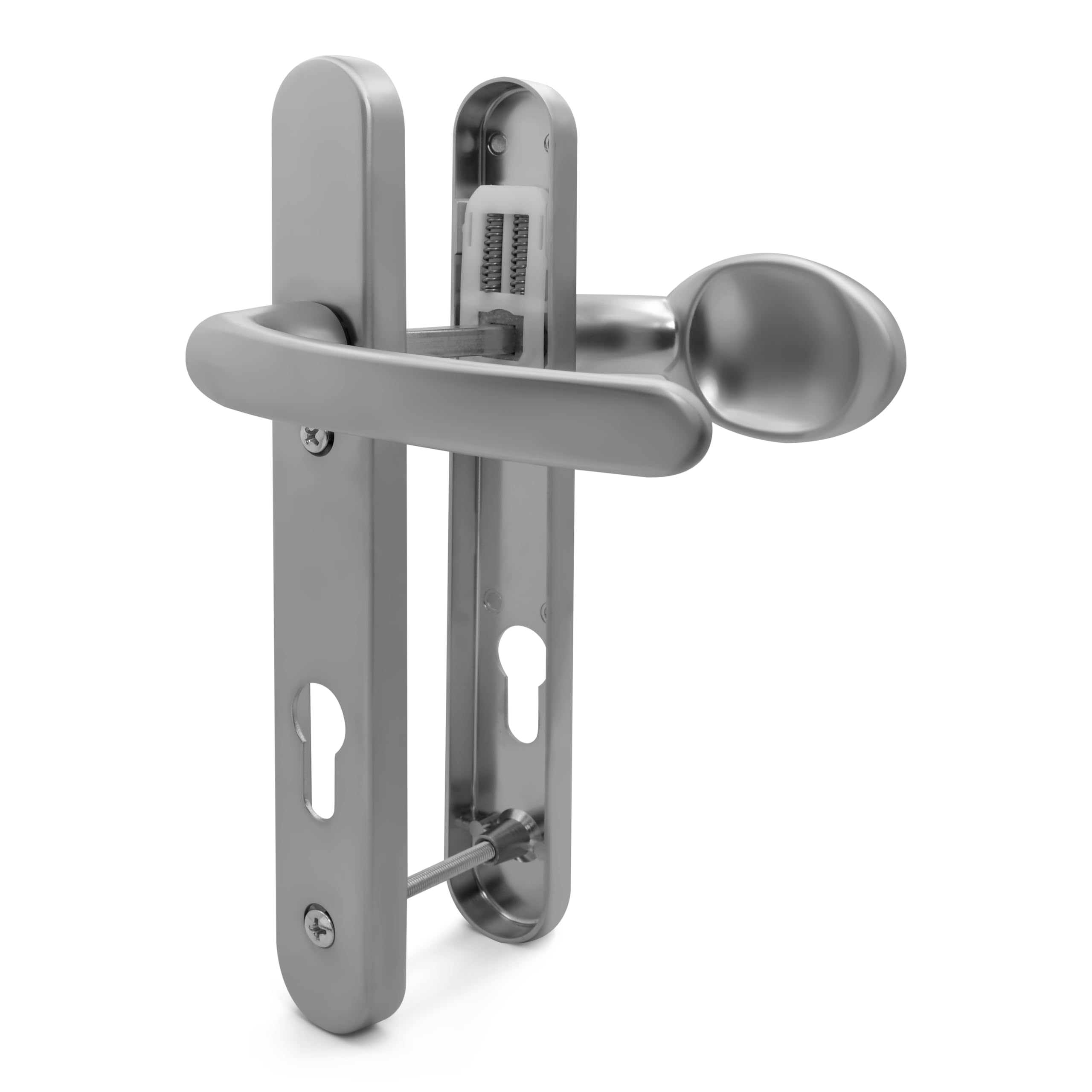 TSS Silver UPVC Door Handle Pair Set, Sprung, 92mm PZ (Centres), Lever Moveable Pad, 122mm Screw to Screw (Screw centres), Backplate 245mm x 34mm - Replacement PVC Door Handle in Silver