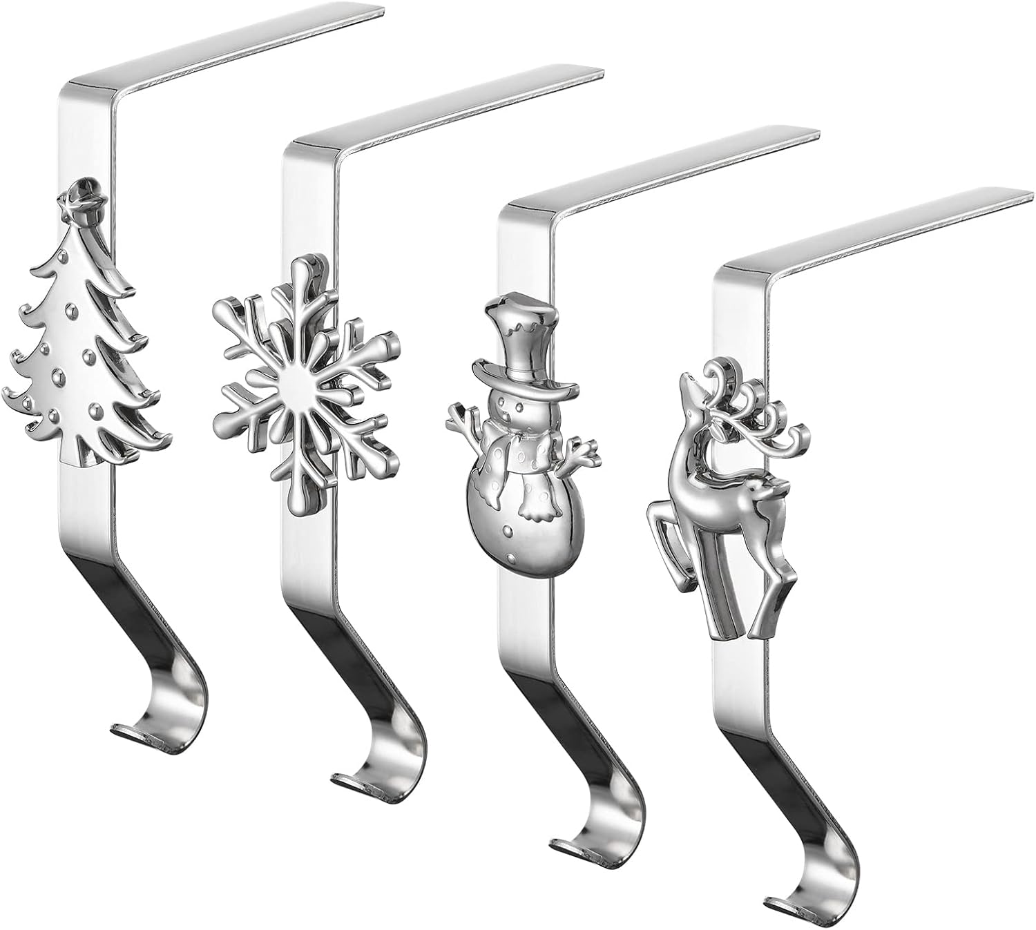 Ornament Hooks - Yuokwer Pack of 4 Christmas Stocking Holders for Mantel-Stocking Hooks Hanger for Fireplace Christmas Stocking Clips for Christmas Party Decoration (Silver, 4)