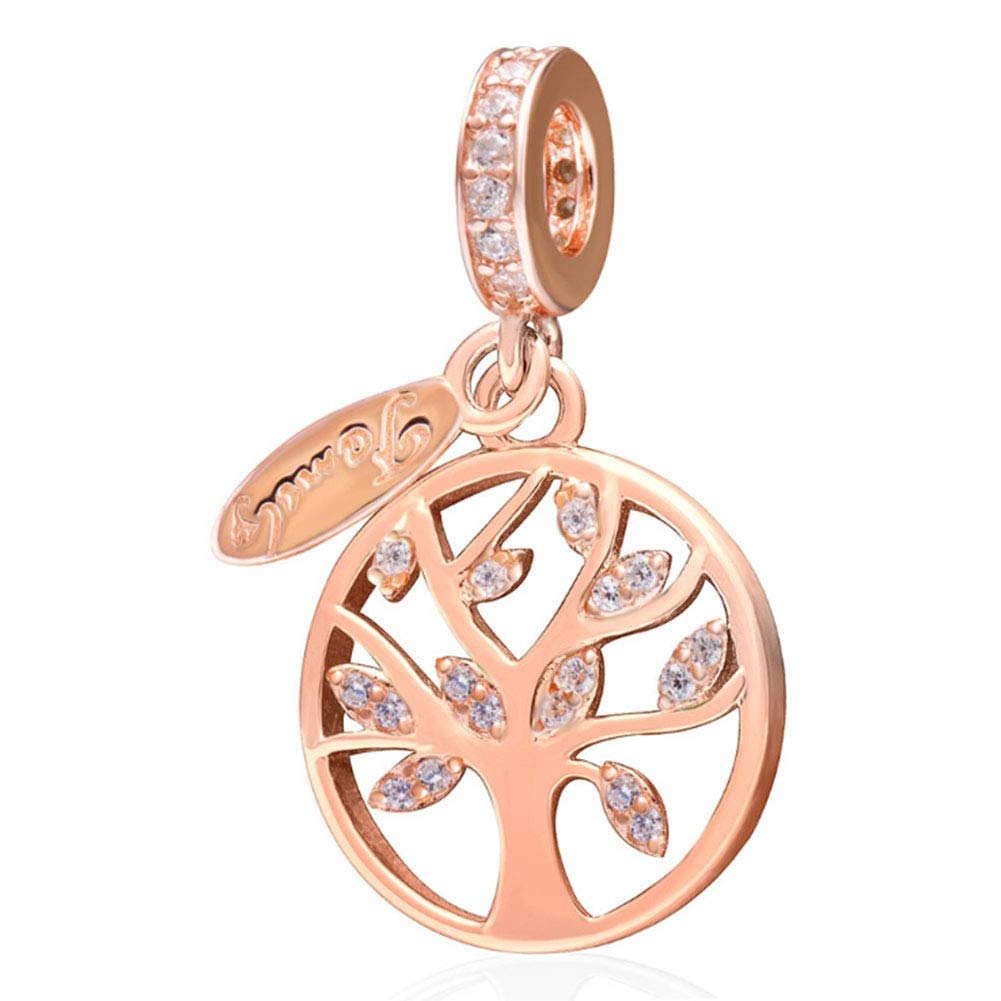 925 Sterling Silver Family Tree Charm Life Charm Love Charm Family Charm Anniversay Charm Lucky Charm for Pandora Charm Bracelet (Rose Gold-Plated)