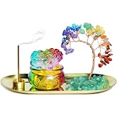 Feng Shui Incense Burner Holder, Crystal Tree Lucky PiXiu Treasure Basin | FengShui Healing Crystals Tree of Life Incense Burner with Gold Tray for Attracting Wealth Yoga Meditation Home Office Decor