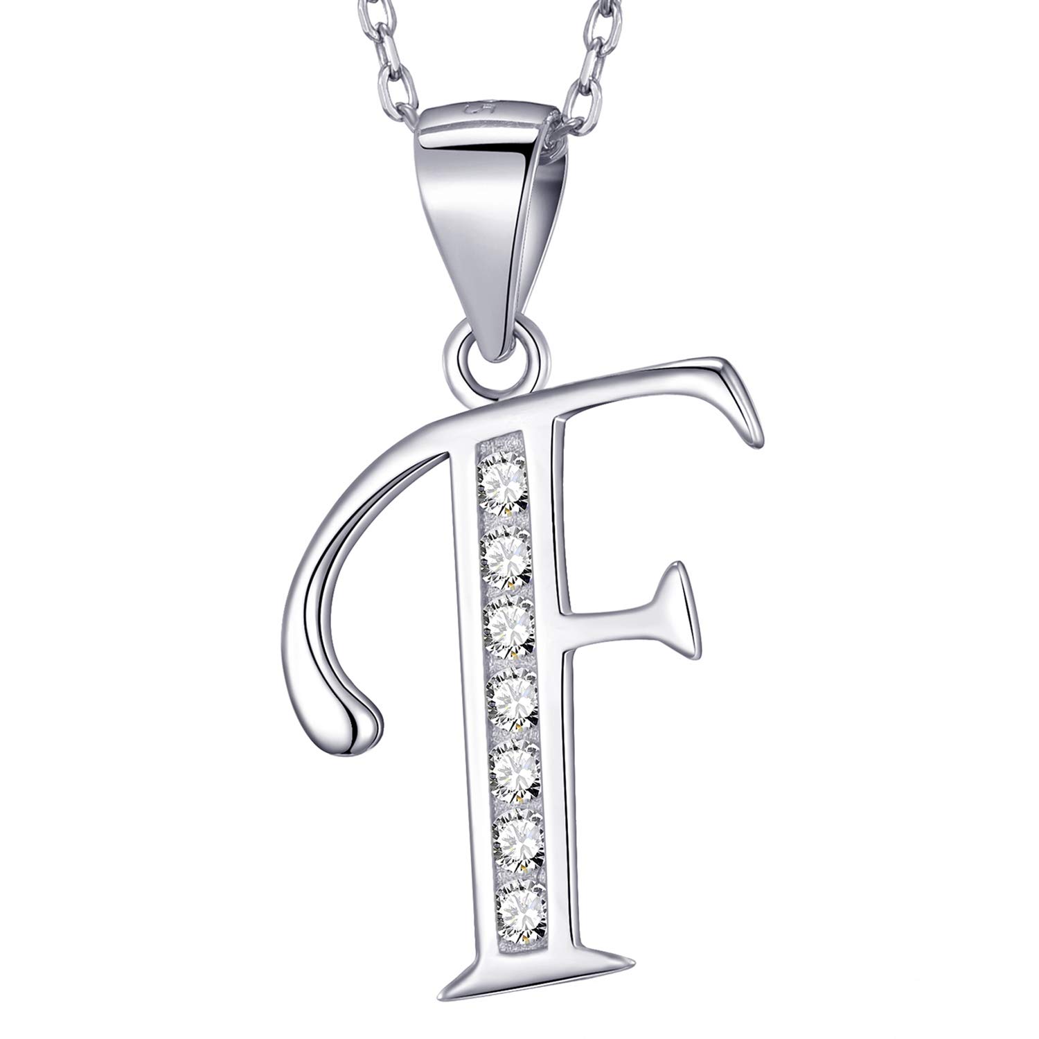 MASADA 925 Sterling Silver Letter Necklace - Initial Pendant with Zircon Stones - Letter F - Personalised Alphabet, Teens & Girls - 46 cm - 18 inch Chain in Velvet Bag