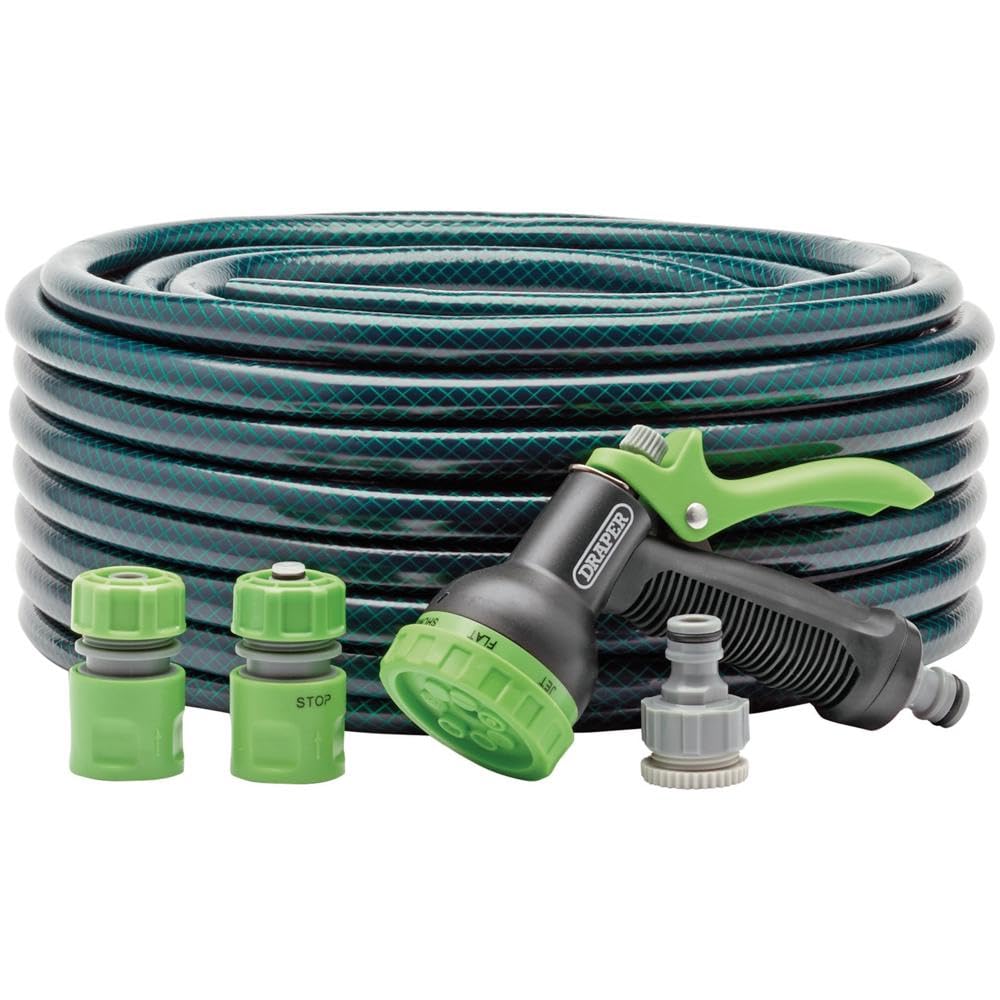 Draper 30m Garden Watering Hose and Spray Gun Kit | Reinforced with Polyester Yarn 12 mm Hose Pipe | 2mm Thickness Heavy Duty PVC Gardening Hose | Long reach | 56447