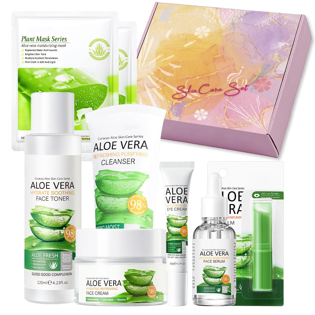 Skincare Set, Skin Care Sets & Kits, Skincare Gift Set for Women & Teenage Girls with Aloe Vera Extracts - Cleanser, Toner, Essence, Eye Cream, Face Cream, Mask, Lip Balm, Pamper Gifts (8PCS BOX)
