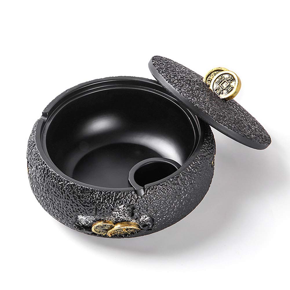 HTWY Ashterior Ashtray with Lid for Cigarettes, Windproof Resin Outdoor Indoor Cigarette Ashtray,Bla