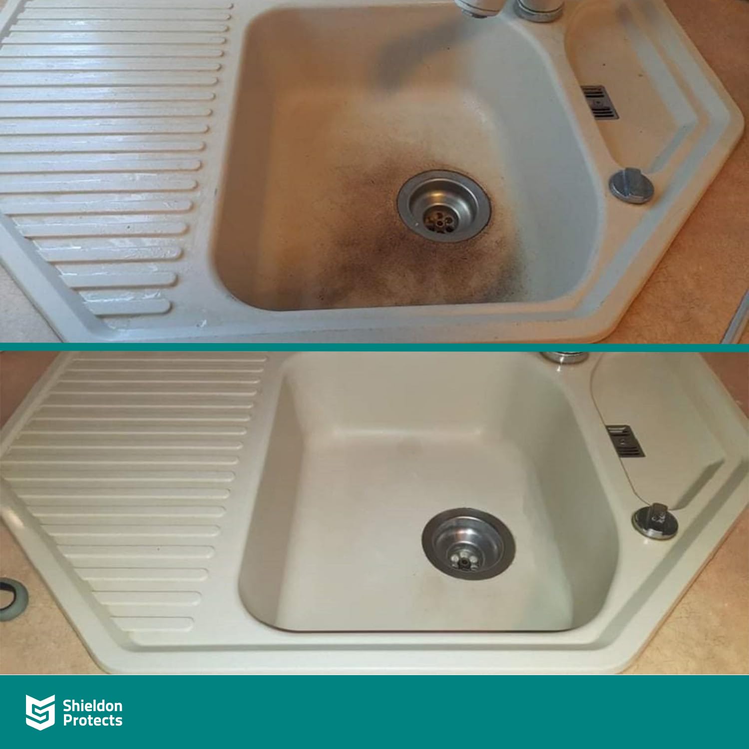 Shieldon Protects Sink Restorer Spüle Imprägnierung und Reinigung Set - Drei Reiniger für Küche Spüle + 2x Schwamm und Mikrofasertuch - Granit, Blanco, Silgranit Reiniger für Granitspüle 3