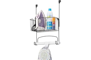 mDesign Steel Metal Over Door Ironing Board Holder with Large Storage Basket for Laundry, Utility, Mudroom, Garage - Holds Iron, Board, Spray Bottles, Starch, Detergent, Fabric Refresher - Matte Black