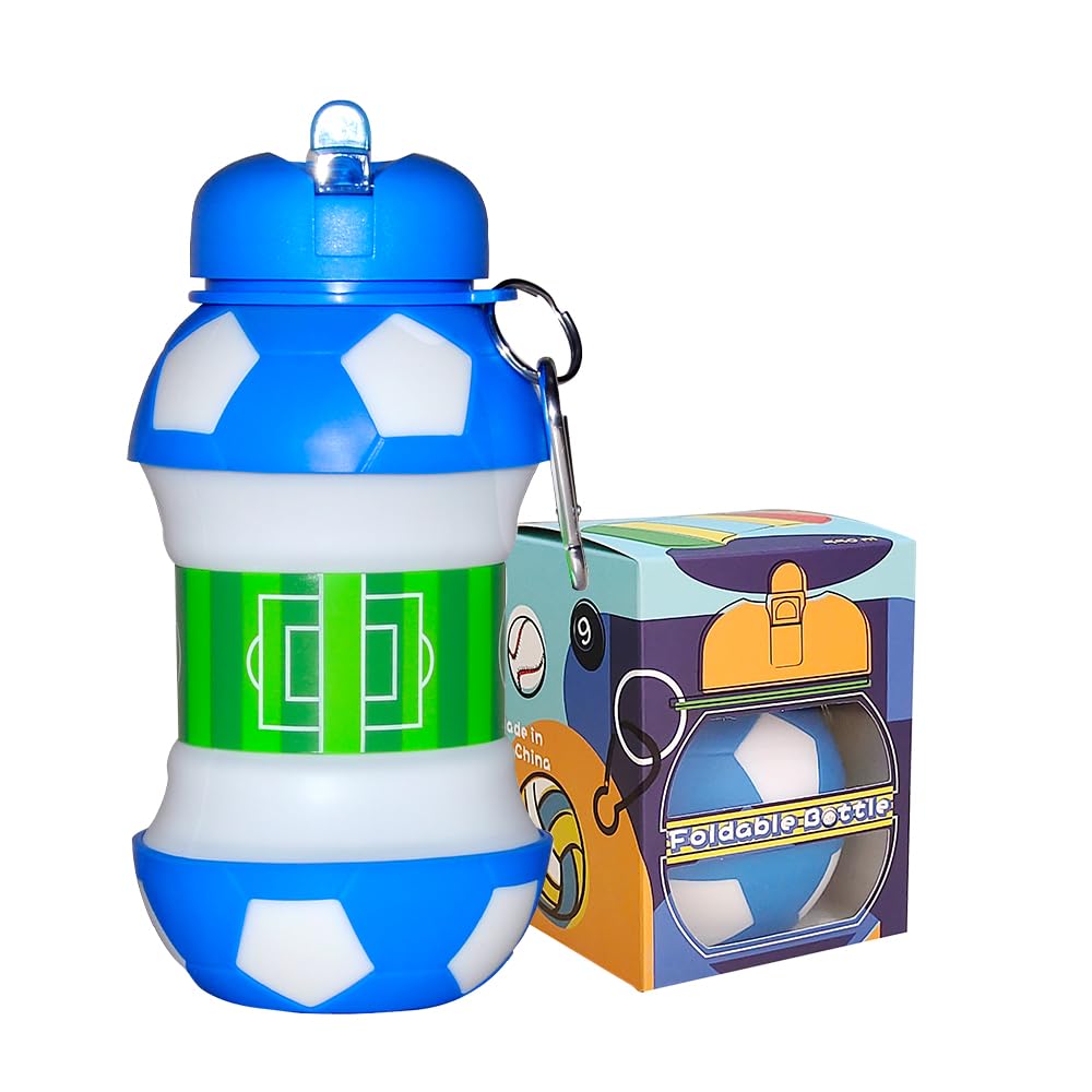 Blue & White Football Water Bottle - Unique Football Gifts for Boys and Girls - Cool Kids drink container, Collapsible, Leakproof - Boys drink container - BPA Free - 550 ml