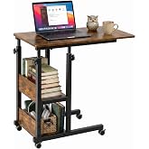 Hadulcet C Shaped Side Table Adjustable, Height Adjustable C Table with Wheels and Storage Shelves for Couch Bed Recliner Rustic Brown