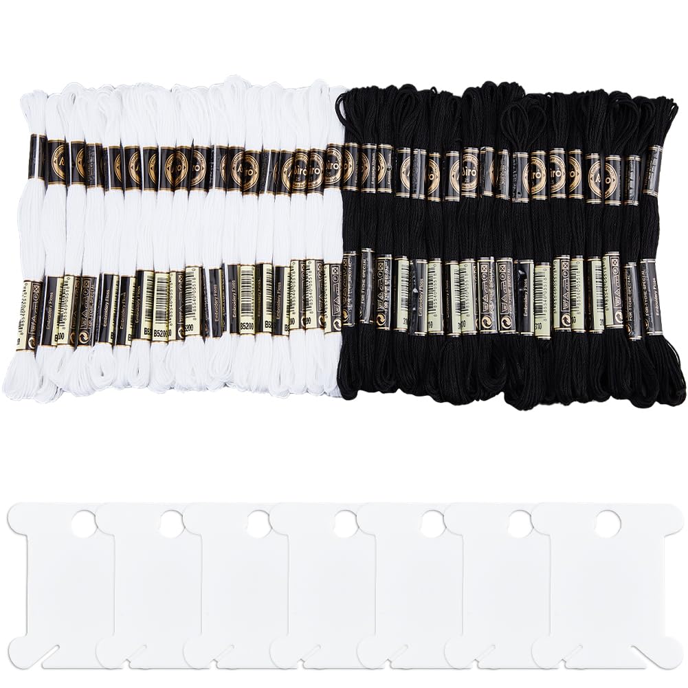 GORGECRAFT 36 Skeins Embroidery Thread Black White Cross Stitch Floss Friendship Bracelet String Making Yarn with 14Pcs Plastic Thread Winding Boards Bobbins for Knitting Stitching Craft Project