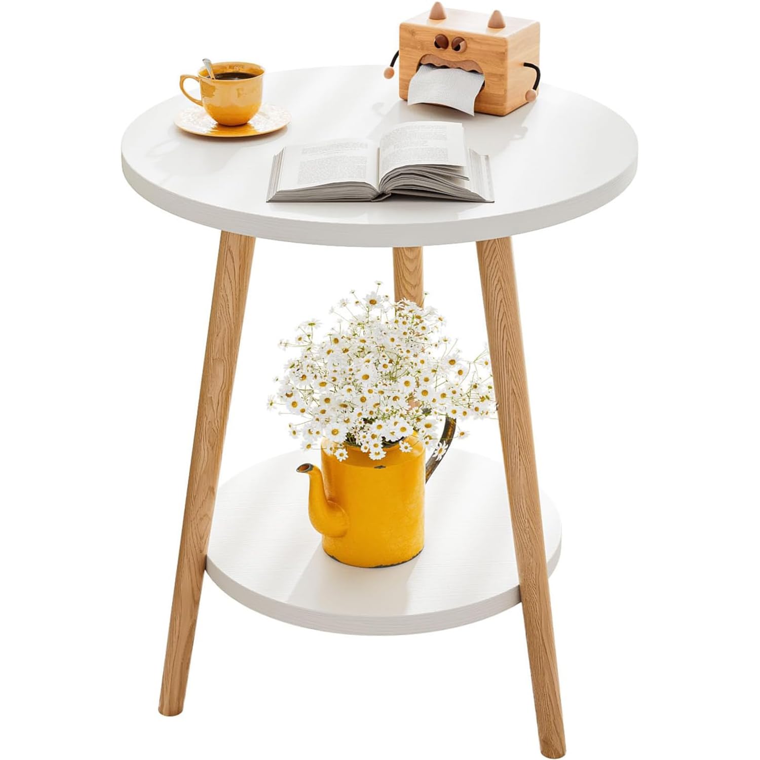 KZOBYD Round Side Table 2 Tier End Tables With Round Wooden Top Bedside Nightstand with Metal Frame Modern Style Sofa Tea Table for Living Room/Bedroom, 38 x 55cm(White)