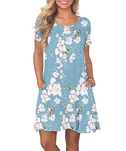Yidarton Sommerkleid Damen Casual Lose Kurzarm T-Shirt Kleider Elegant Boho Blumen Strand Kleider mit Taschen