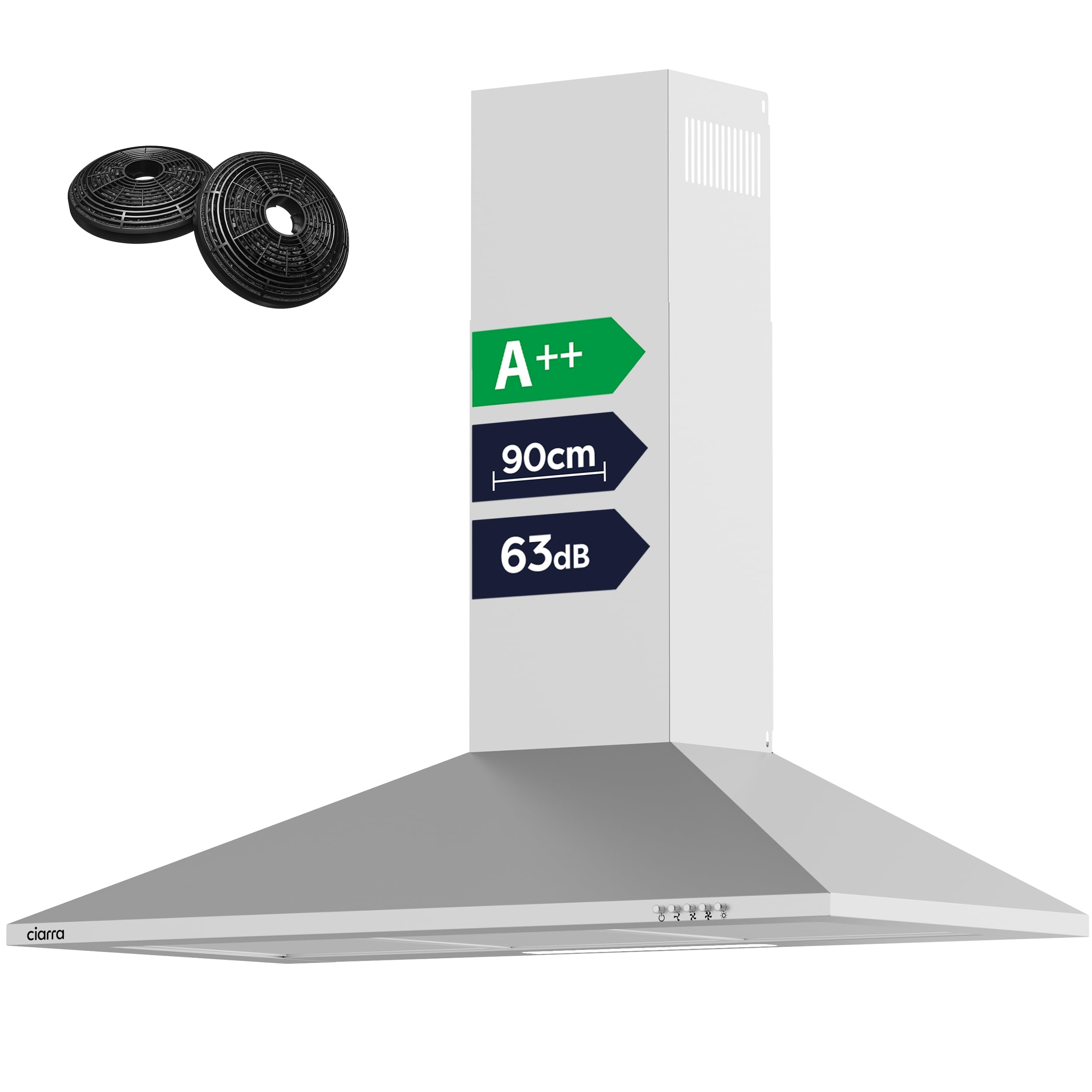 CIARRA 90cm Wall-Mounted Cooker Hoods 900mm CBCS9201 with Carbon Filters LED Light Stainless Steel Chimney Vent Hood Recirculating&Ducting Kitchen Ventilation Extractor Fan