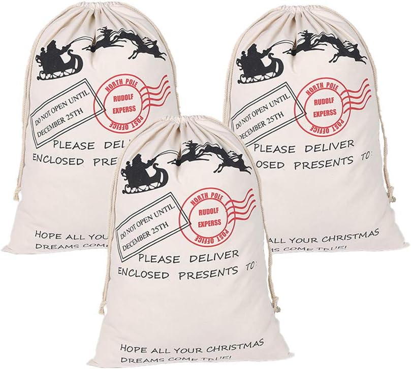 Amazon Com 3 Pack Santa Sacks Canvas Bags Reindeer Christmas Presents Bags With Drawstring Blank Special Xmas Delivery Gift Bag Storage 19x27 Inch Home Kitchen