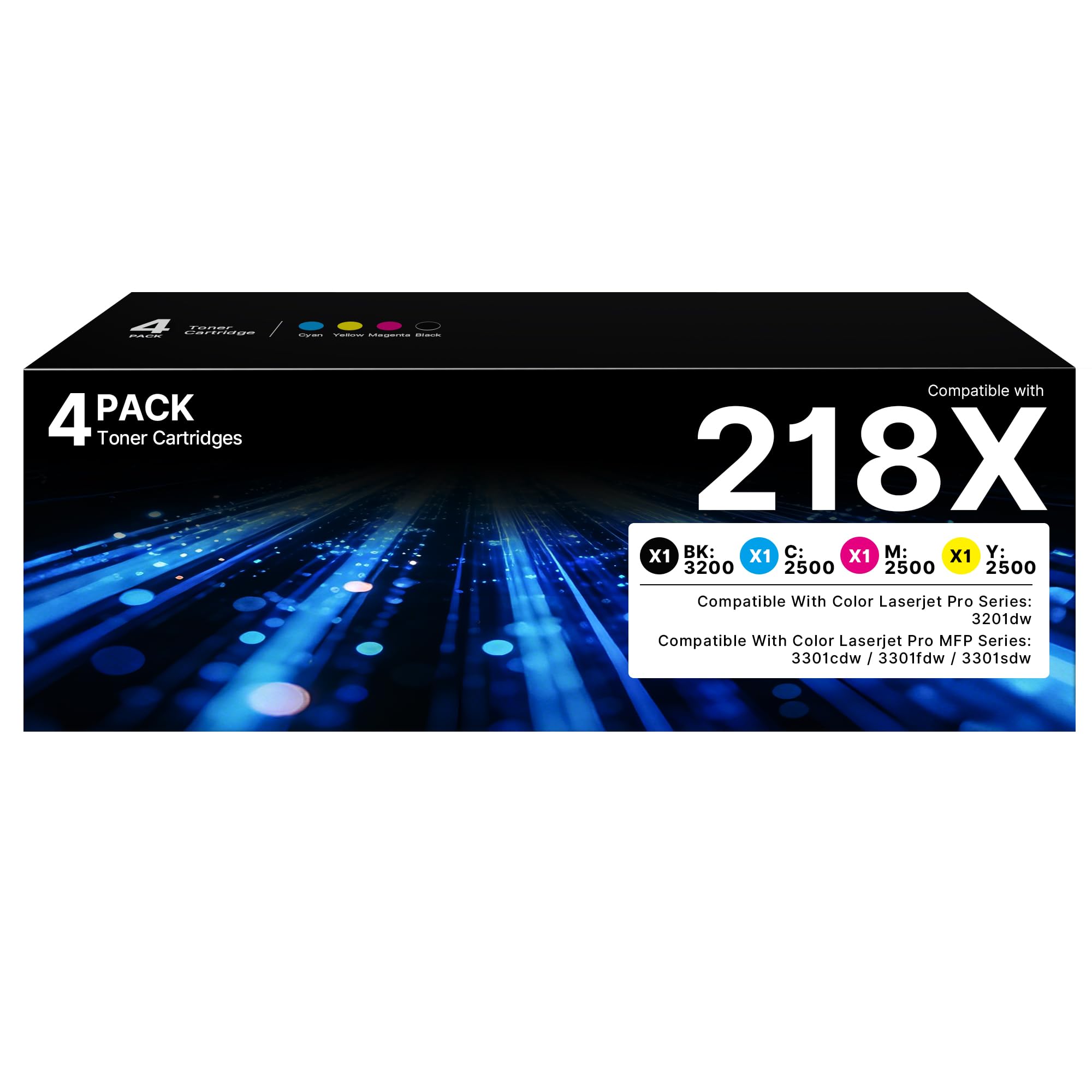 Photo 1 of 218X Toner Cartridges 4 Pack Pro MFP 3301Fdw 3201Dw Toner Compatible for HP 218X Toner 218A for HP Color LaserJet Pro MFP 3301Fdw 3201Dw 3301Sdw 3301Cdw Printer Ink W2180X W2180A (with Chip)