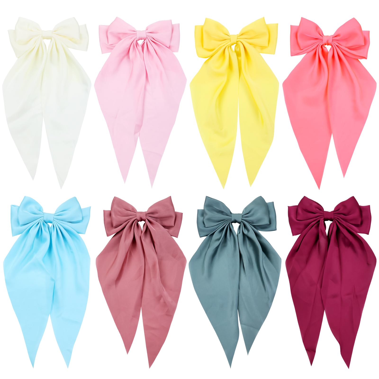 Cinaci 8 Pieces Long Tail Silky Satin Big Bow Hair Clips Barrettes for Women Girls Teens Kids