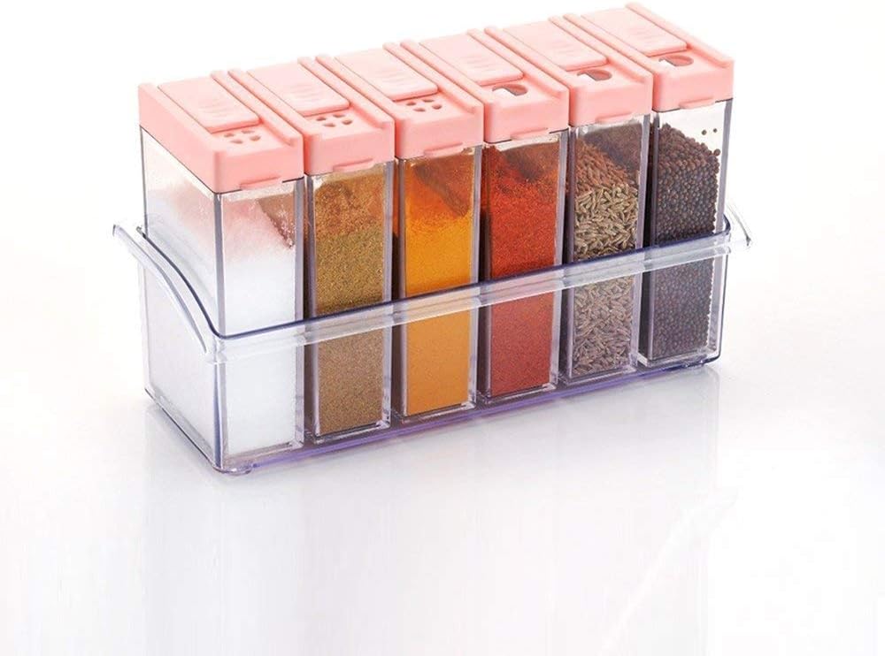 Skylake Crystal Seasoning Box Seasoning Set Pepper Salt Spice Rack | Plastic Spice Jars Dispenser Easy Flow Storage (14x22x8cm, Pink) - Set of 6