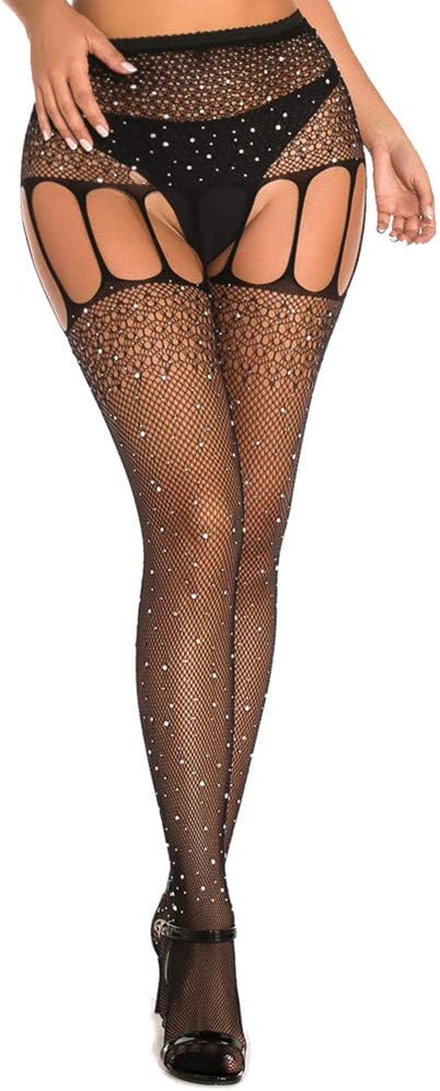 FairydreamyWomens Black Fishnet Lace High Waist Tights Suspender Pantyhose Stretchy Thigh-High Stockings