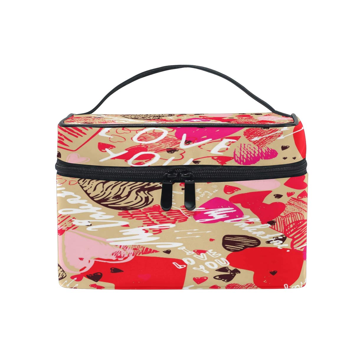 Makeup Bag I Love You Heart Valentine's Day Cosmetic Bag Travel Toiletry Bag Cosmetic Train Case Makeup Tote Make-Up Organizer Box Storage With Mesh Bag Brush Holder for Women Kids Men Girls