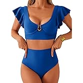 Herseas Women's High Waisted Bikini Sets Ruffle 2 Piece Swimsuits U Wire Tummy Control Bathing Suit Ruched Swim Beach Wear