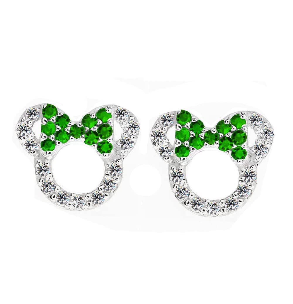 MixiuEuro Girls Mouse Stud Earrings, 925 Sterling Silver Amethyst Green Blue CZ Cubic Zirconia Micky Stud Earrings Jewellery Gift For Girls Child (Green)