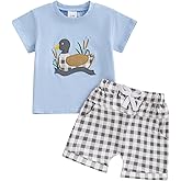 Arvbitana Toddler Baby Boy Hunting Outfit Summer Short Sleeve Mallard Duck T-shirt Checkered Plaid Shorts Two Piece Clothes