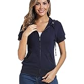 MISS MOLY Women's Short Sleeve Hoodie Full Zip Up Cotton Slim Fit Sweatshirt with Pocket