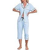 ANLIQI Women's Cotton Pajama Sets Short Sleeve Modal Capri Pjs Button Down Sleepwear for Women Soft & Comfy Lounge Set S-2XL