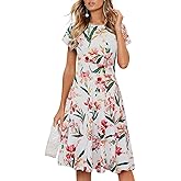 HOMEYEE Women's Short Sleeve Floral Casual Aline Midi Dress A102 (4,White+Floral#2)