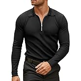Lehmanlin Men's Slim Fit Muscle Polo Shirts Long Sleeve Casual T-Shirts Quarter Zip Waffle Golf Tops