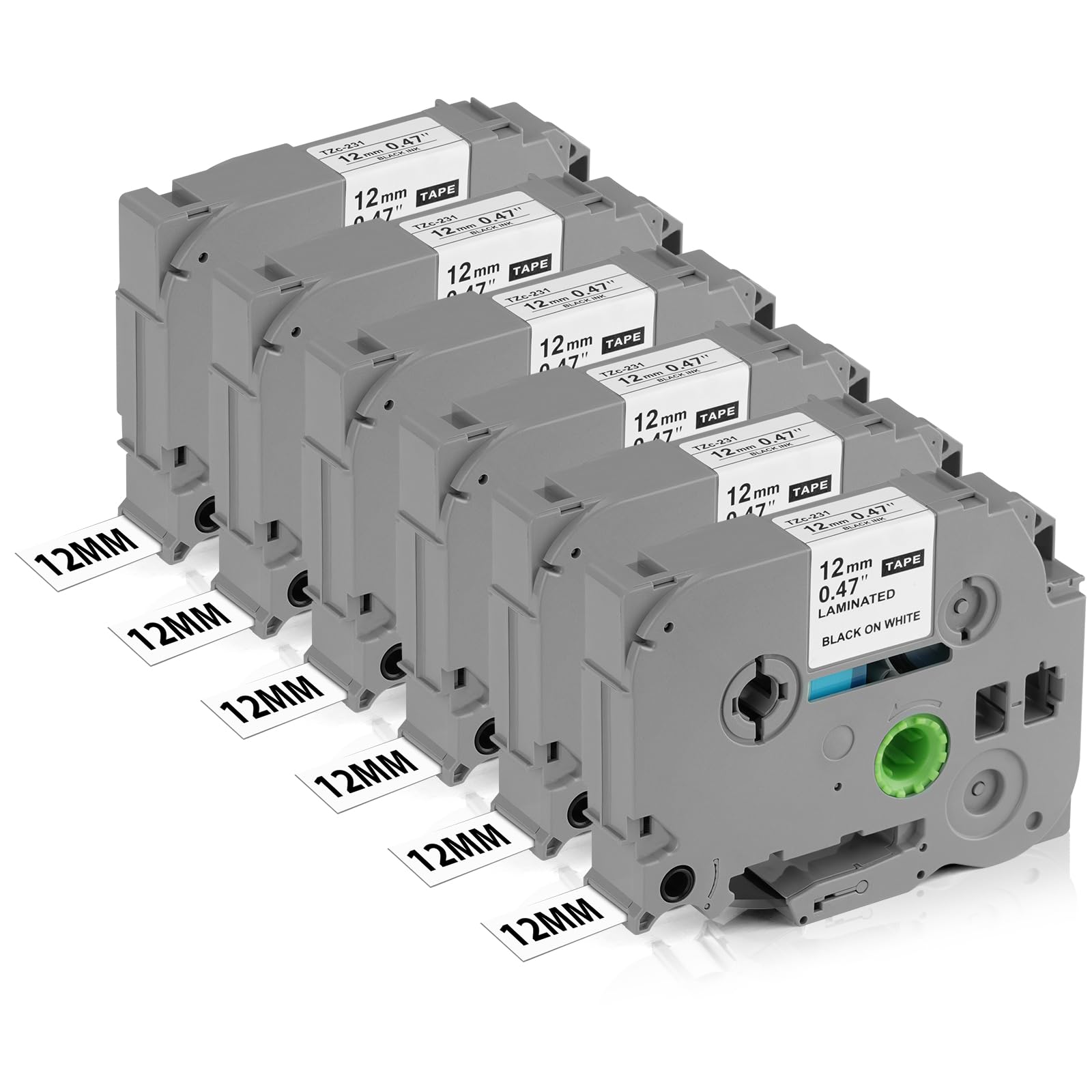 OFFCUP Label Tape Compatible for Brother, 6pcs 12mm x 8m Laminated Multipurpose Labels for TZe-231 GL-200 PT-H105 PT-1000 H100R PT-E100 PT-D210 PT-D400 (Grey)