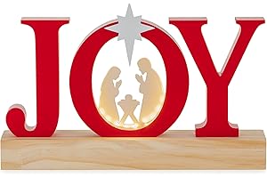 Hanobe Christmas Nativity Decoration Indoor: Joy Sign with Lighted Manger Nativity Scene for Tabletop Mantel Shelf - Wooden Farmhouse Xmas Home Decor with Magnetic Star