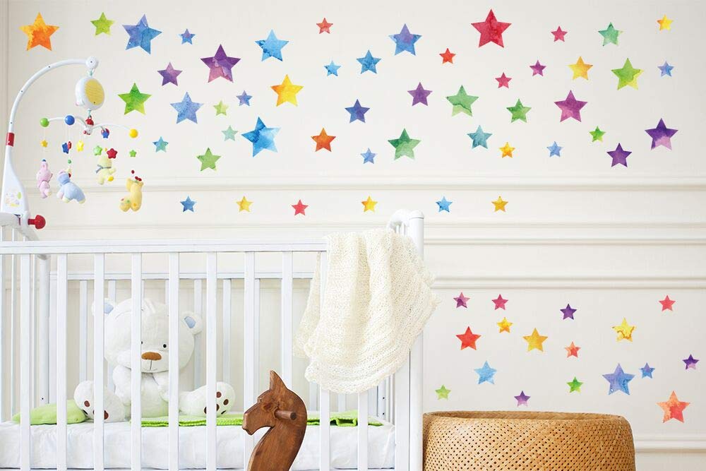 WALPLUS Colourful Watercolor Stars Wall Stickers - Nursery Decor, Kids Room, Playroom, Bedroom, Baby Room Wall Art Decals