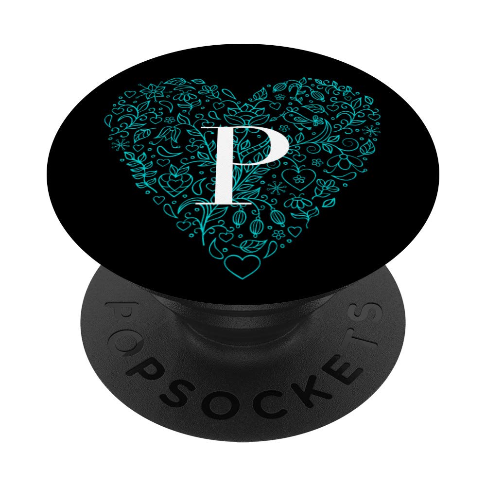 Teal Turquoise Blue Heart Black Base With White Letter P PopSockets PopGrip: Swappable Grip for Phones & Tablets