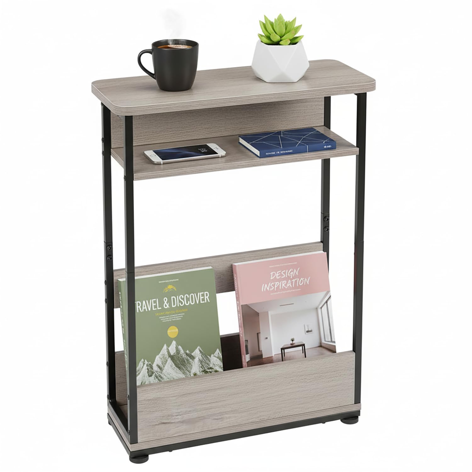 Vintage Narrow Side Table with Storage Shelf, 3 Tier Slim End Table Modern Sofa Table for Narrow and Small Spaces, 24.6 Inch Height Bedside Table Small Nightstand with Magazine Rack Space Saving/Oak